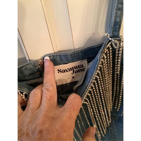 Savanna Jane Emma Denim Cropped Corset Sz M Rhinestone Fringe - Picture 4 of 8